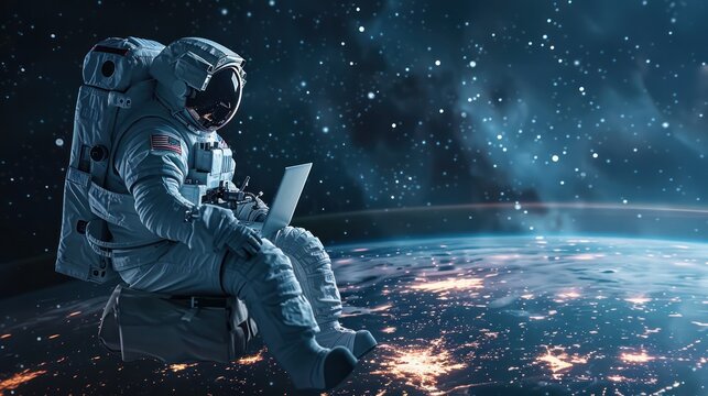 Full body image of Astronaut floating in space while working with a laptop, Banner background with copy space, The concept of borderless connectivity, fast speed internet advertising, Generative AI