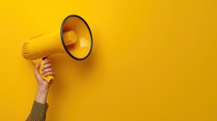 Megaphone in hand on an empty yellow background, Advertisement, Announcement banner concept, Generative AI - obrazy, fototapety, plakaty