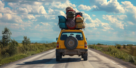 suv with luggage on the roof. A car on the road with many hiking backpacks on the roof. Concept hiking and outdoor recreation - obrazy, fototapety, plakaty