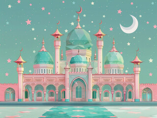 Traditional Moroccan architecture concept in the atmosphere of the night of Ramadan. Illustration using watercolor medium.