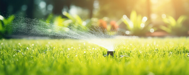 Watering the lawn at green park with sprinkler automatic device. - obrazy, fototapety, plakaty
