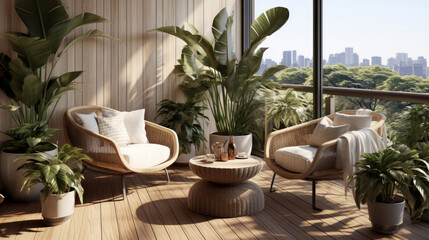 Obraz premium Urban Oasis, Rattan Lounge Chairs and Lush Greenery on a City Balcony