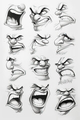 Expressive Faces: Diverse Human Sketches in 4K Showing Laughter, Anger, Smiles, Frowns, Doubt, Confidence, Fear, Serenity, Mockery, Aggression, and Satisfaction - obrazy, fototapety, plakaty