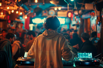 A DJ spinning records at a crowded dance club. A DJ is entertaining a crowd with music at a...