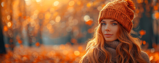 A woman in a cozy knit hat gazes into a forest alight with autumn's fiery hues.