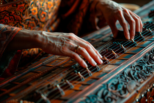 A close-up of a person's hands playing a musical instrument. Using fingers to play an electronic keyboard instrument