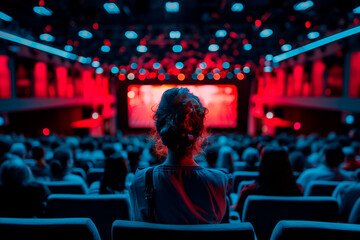 A person attending a film festival and watching a movie premiere. A woman is enjoying a movie in a magenta auditorium filled with a lively crowd