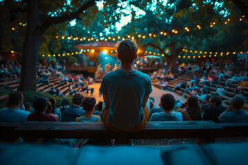 A person attending a live theater performance in an outdoor amphitheater. Man enjoying concert...