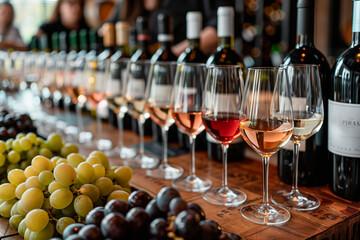 A person attending a wine tasting event and sampling different wines. A row of wine glasses on a wooden table next to grapes - obrazy, fototapety, plakaty