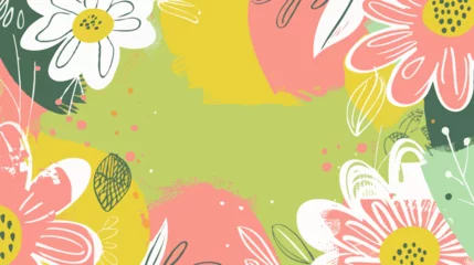 Schilderijen op glas Cartoon floral frame flat lay background with copy space in cute pastel funky summer colors © HellSong