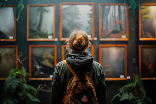 A person attending a photography exhibition and admiring the artwork.A woman with a backpack is admiring art on a wall