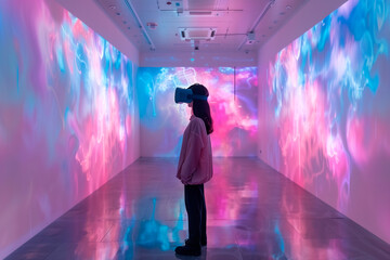 A person exploring a virtual reality art installation at an art gallery. a woman is wearing a...