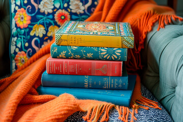 A stack of colorful paperback books on a cozy reading nook. Stack of books on couch with orange blanket and electric blue sleeve - Powered by Adobe