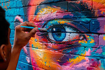 A street artist painting a colorful mural on a brick wall. Hand painting azure eye with orange...