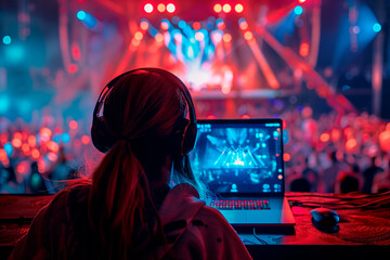 A person watching a live stream of a music concert on their laptop. Woman wearing headphones uses...
