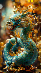 Obraz premium Golden Glow: Exquisite 8K Realistic Depiction of Majestic Chinese Dragon in Turquoise Hue