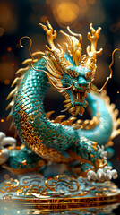 Fototapeta premium Golden Glow: A Majestic Chinese Dragon in Turquoise - 8K Realistic Detail Captured in Exquisite Visual Feast