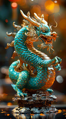 Fototapeta premium Turquoise Majesty: A Golden-Lit 8K Realistic Chinese Dragon