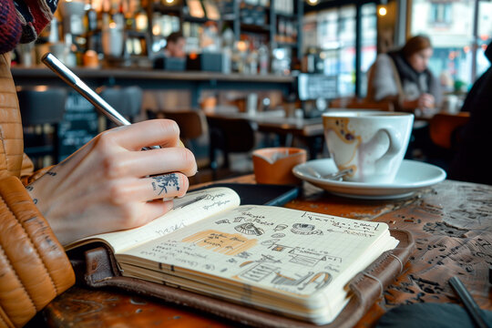 A person sketching in a notebook at a coffee shop. Sitting at table with coffee, writing in notebook