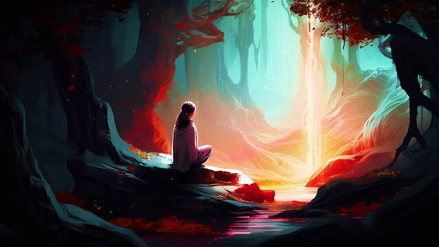 person in full serenity and appeasement in front of a magic river. animation on the theme of zen and tranquility with the thin nature