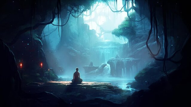 woman in lotus position. Zen waterfall in a soothing asian jungle in the jungle of serenity. Zen and relaxation concept waterfall Loop Animation