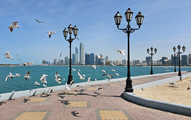 Magnificent different views of the Abu Dhabi skyline with boats 