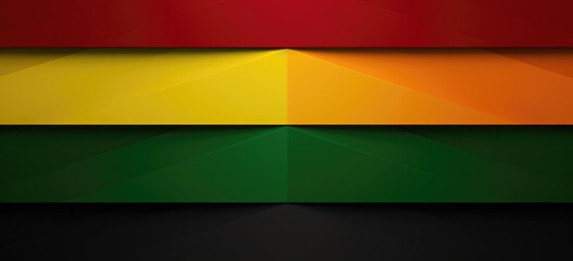 A graphic design of a geometric rainbow consisting of red, yellow, orange, and green segments on a black background.