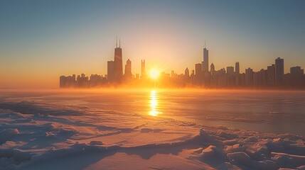 Sunset behind Chicago in the Winter. generative ai  - obrazy, fototapety, plakaty