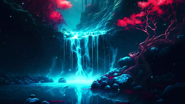 Zen and calm animation loop of landscape with waterfall and cherry tree landscape. Serenity and ambient loop video.