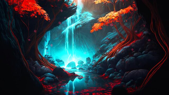 Zen and calm animation loop of landscape with waterfall and cherry tree landscape. Serenity and ambient loop video.