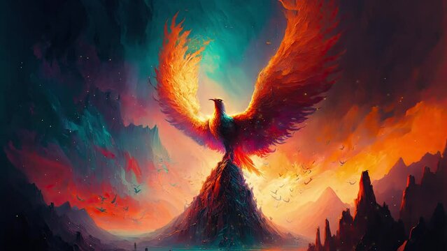 Beautiful giant phoenix with open white wings. Mountains landscape with twilight sky. Epic illustration animation.
