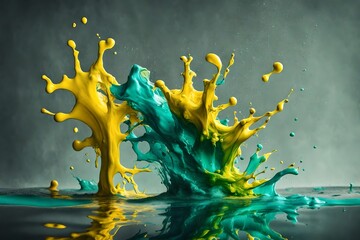 close up view of mixing of green, yellow and bright turquoise paints splashes in water isolated on...