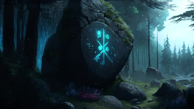 Supernatural ancient magical rune stone calm and atmospheric video. Fantasy and magical landscape loop animation.