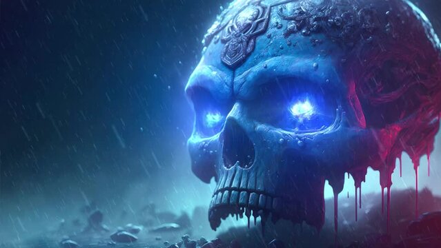 Horrifying dead skull under the rain with shinning eye, digital concept art. Supernatural and dark illustration animation.