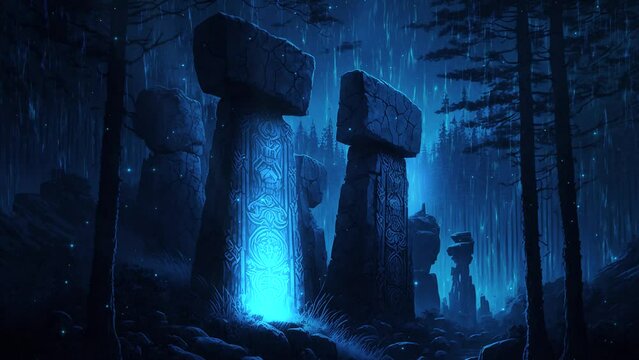Fantasy stones with magical viking rune, fantasy cemetery in forest video. Fantasy and magical landscape loop animation.