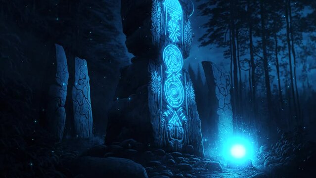 Fantasy stones with magical viking rune, fantasy cemetery in forest video. Fantasy and magical landscape loop animation.