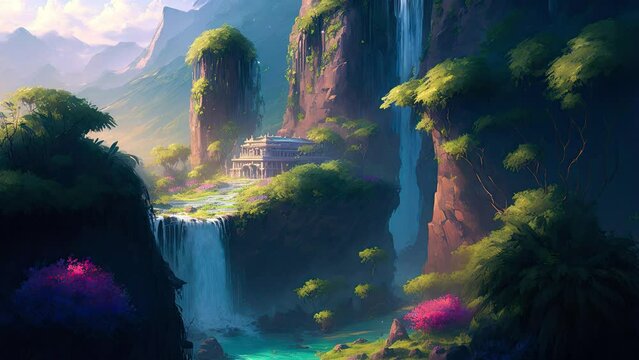 Illustration of zen landscape. Serenity illustration and good vibes with pleasant atmosphere. Pacific environment animation video.