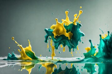close up view of mixing of green, yellow and bright turquoise paints splashes in water isolated on gray