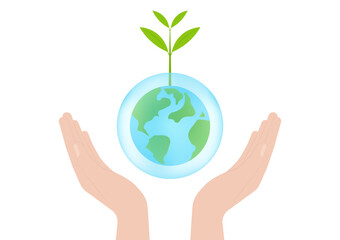 Save Water or Save the World Concept. Hand Holding Drop of Water and World. World Water Day and Environment day. Vector Illustration.