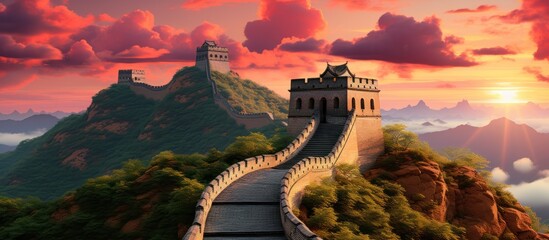 The Great Wall of China at sunset,panoramic view.