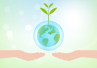 Save Water or Save the World Concept. Hand Holding Drop of Water and World. World Water Day and Environment day. Vector Illustration.