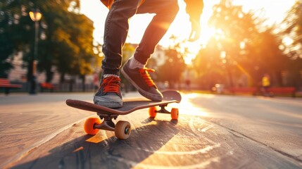 A person is skateboarding down a street with the sun shining on them - Powered by Adobe