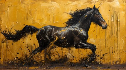 Abstract oil painting with gold, horses, a fence, wall art, modern art, paint spots, brush strokes, knife drawing. Large stroke oil painting, mural, art wall...........