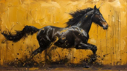 Papier Peint photo Lavable Poney Abstract oil painting with gold, horses, a fence, wall art, modern art, paint spots, brush strokes, knife drawing. Large stroke oil painting, mural, art wall...........