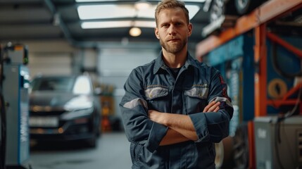 Fototapeta premium A man in a blue jacket stands in a garage with a car in the background
