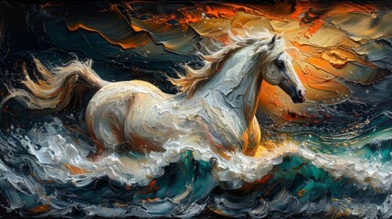A golden artistic background on top of a textured background. Oil on canvas. Modern Arts. Horses, greens, grays, wallpapers, posters, cards, murals, carpets, hangings, prints. - obrazy, fototapety, plakaty