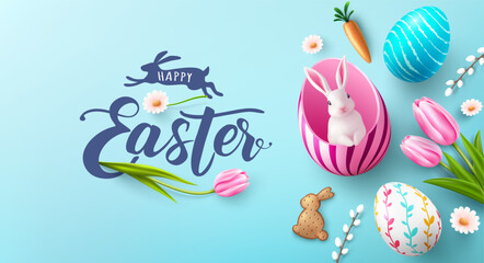Easter poster and banner template with a white rabbit inside a pink egg ,Colorful Eggs , tulips and Spring Flowers on Blue Background for Easter Day.Promotion and shopping template for Easter - obrazy, fototapety, plakaty