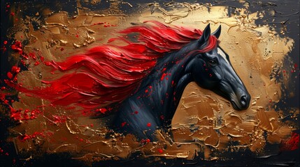 The abstract oil painting is a large stroke oil painting, mural, home decoration. It has gold, horse, wall art, modern artwork, spots, paint strokes, knife painting. - obrazy, fototapety, plakaty