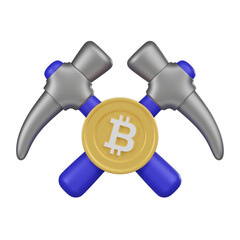 Dual Pickaxes and Bitcoin Symbolizing Cryptocurrency Mining 3d Icon