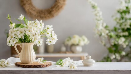 home interior with white flowers in a vase on a light background for product display